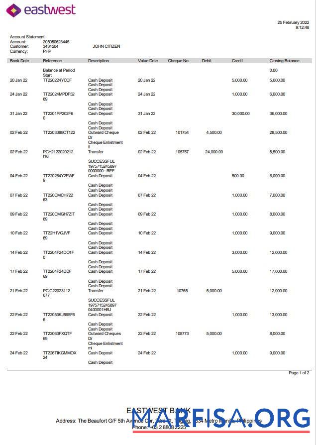Blank Philippines Eastwest bank bank statement word download for verification